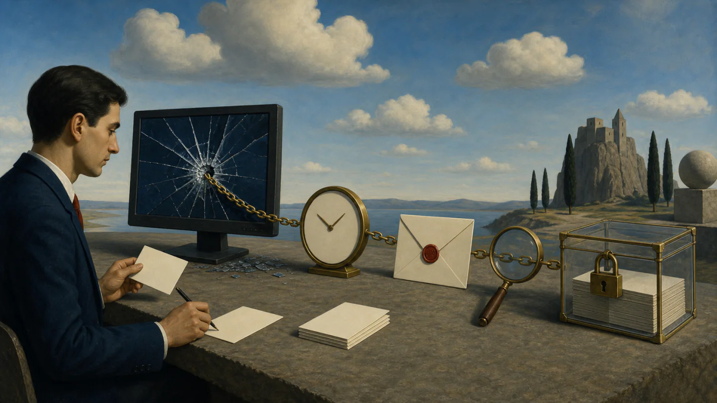 A candidate traces an evidence chain from a cracked screen through a clock, sealed envelope and magnifying glass to a locked archive