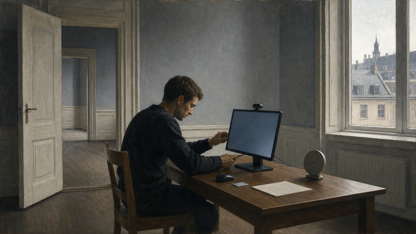 A candidate checks a spare single-screen testing desk with a webcam, identity card and unnumbered clock in a quiet room
