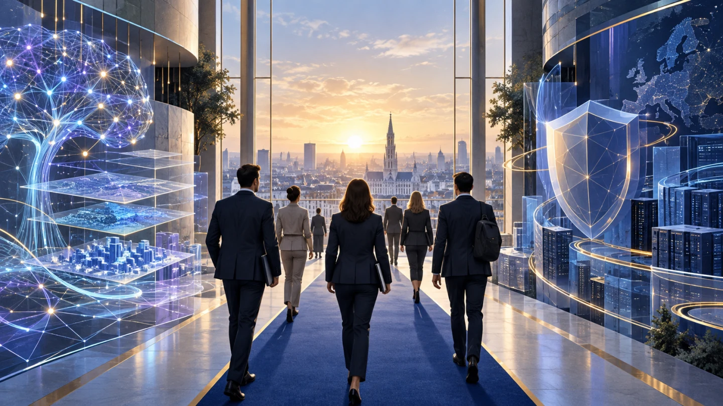 Senior technology specialists walking between luminous artificial-intelligence networks and cybersecurity defences towards Brussels at dawn