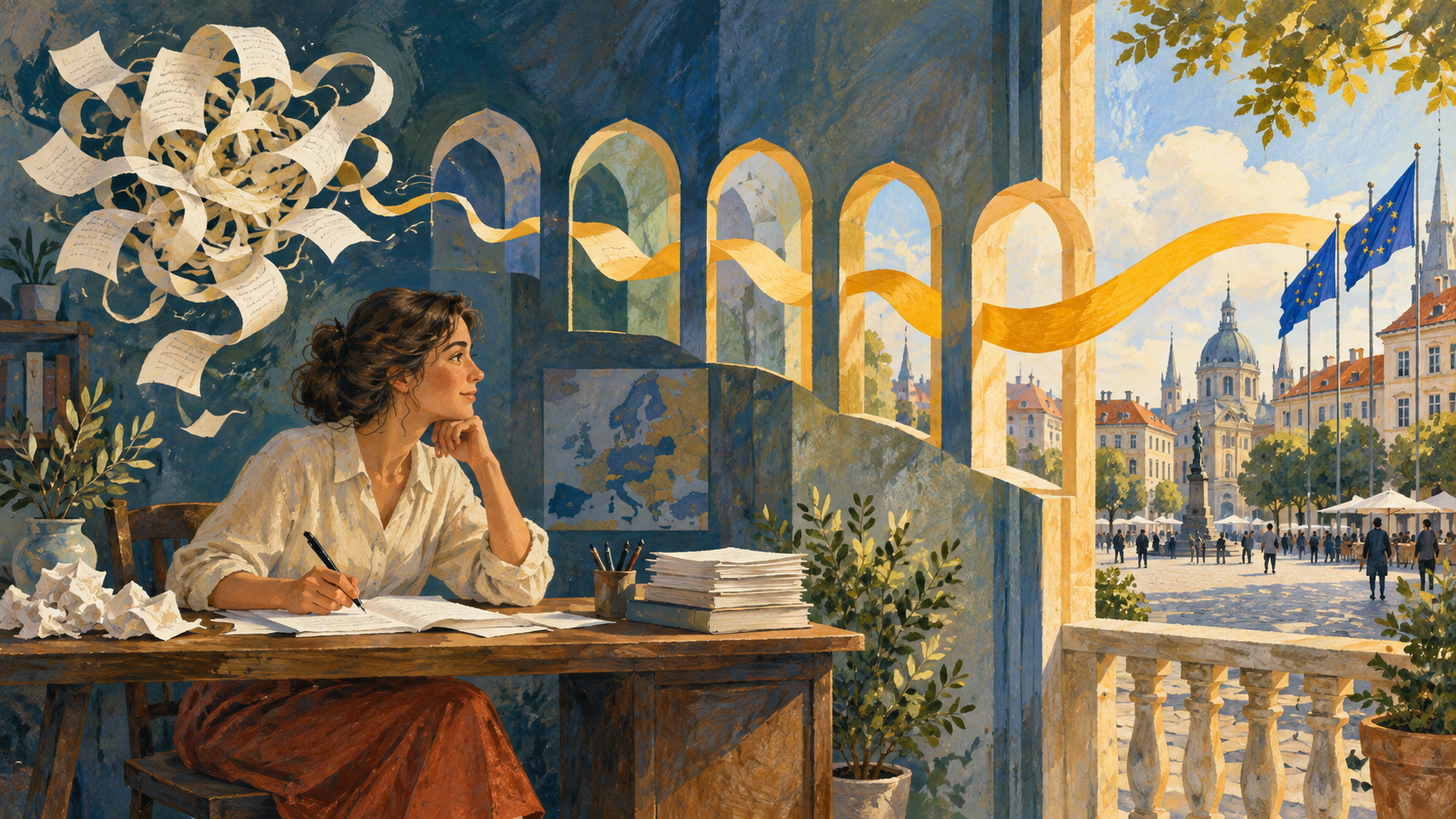 A candidate at a writing desk watches tangled pages become a clear golden ribbon passing through five arches towards a European square.