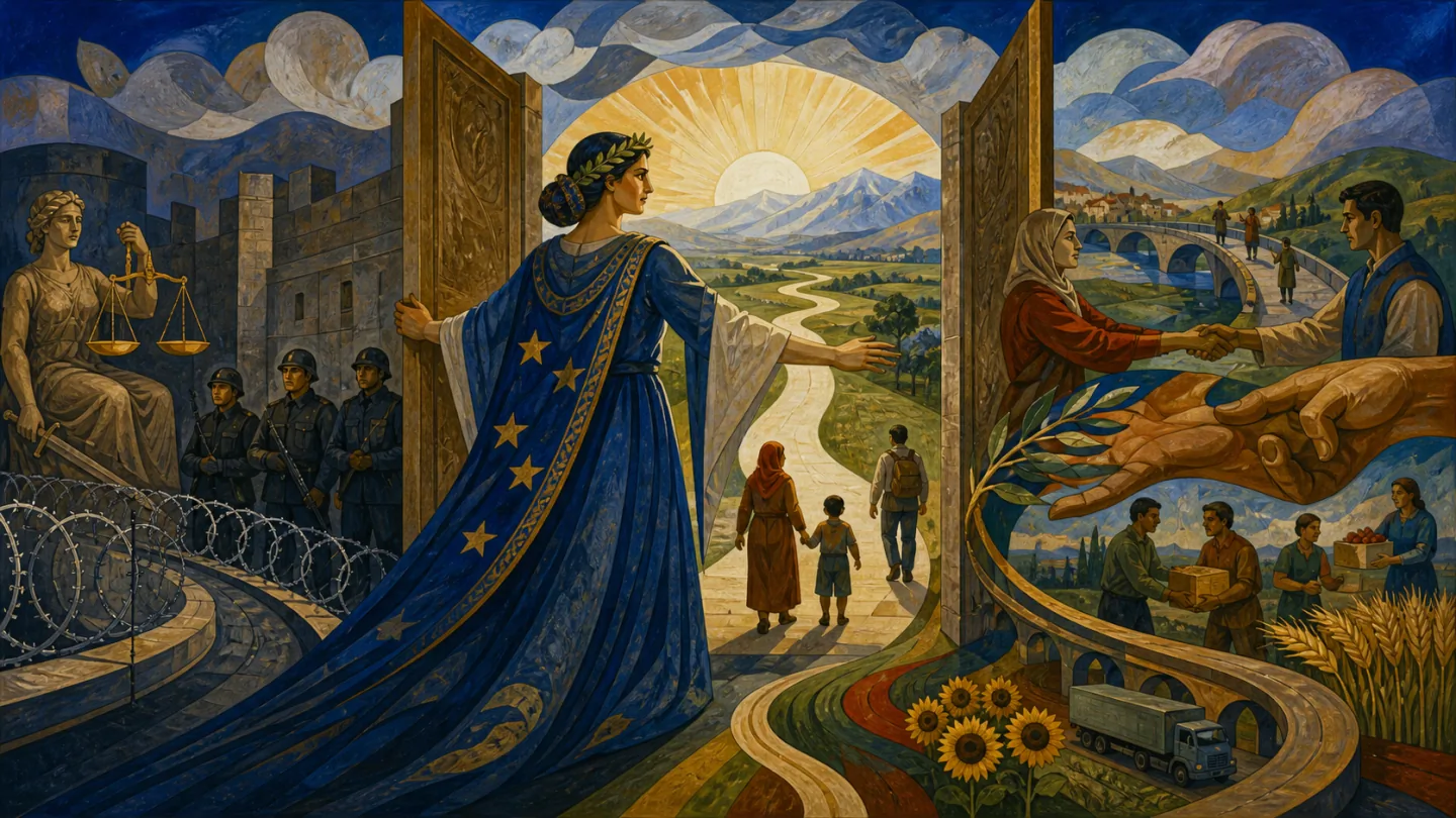 A symbolic European gateway balancing justice and border protection with diplomacy, aid and external cooperation