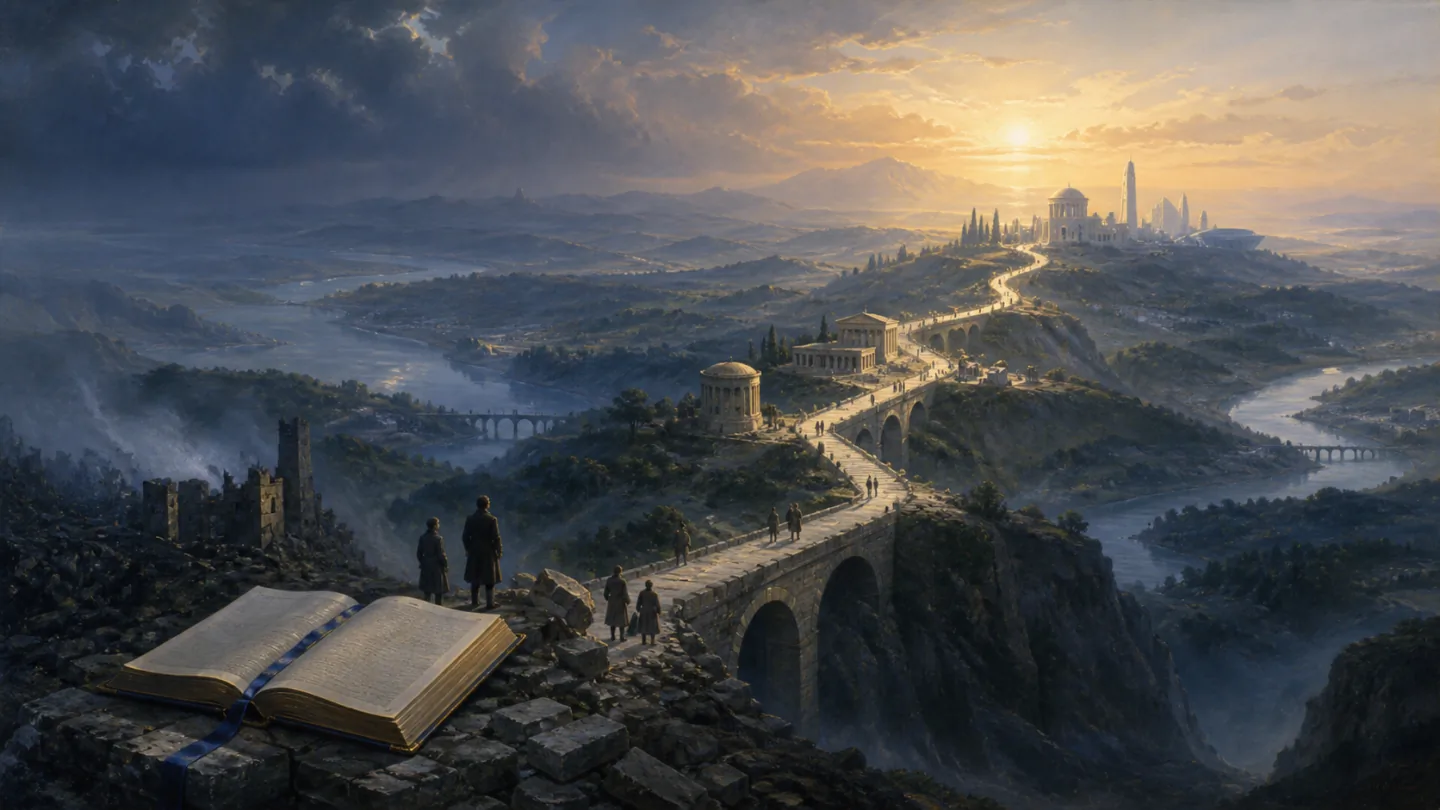 A treaty book and bridges leading from a dark European landscape towards a shared luminous horizon