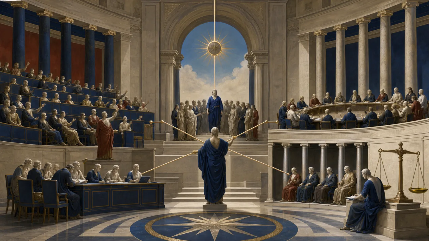 A grand civic assembly connecting a parliament, council, commission, court and public accountability