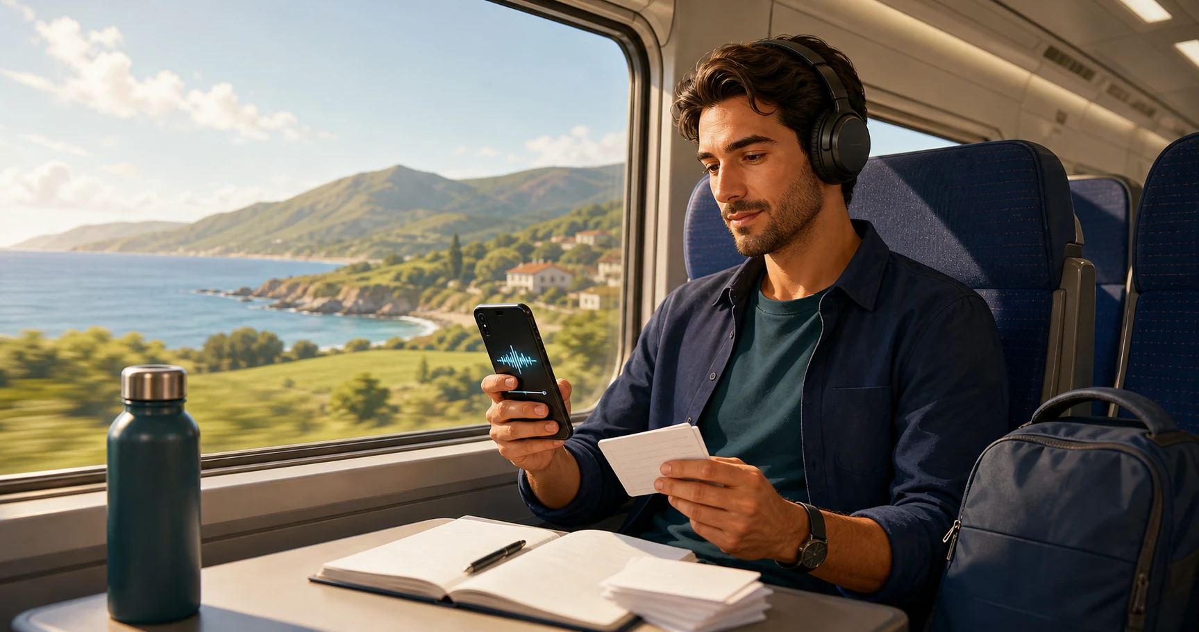 Candidate using audio lessons and flashcards while travelling by train during summer