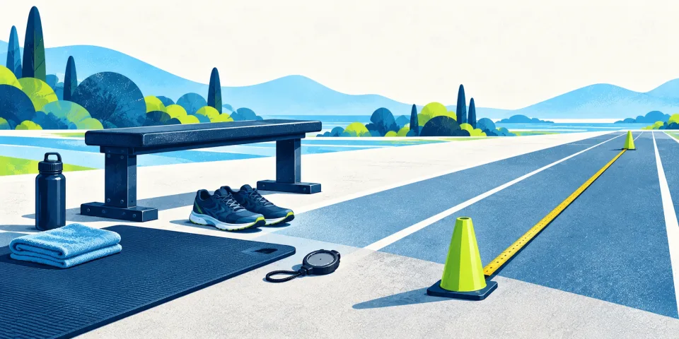 Stable bench, mat, stopwatch, shoes and measured shuttle lane.