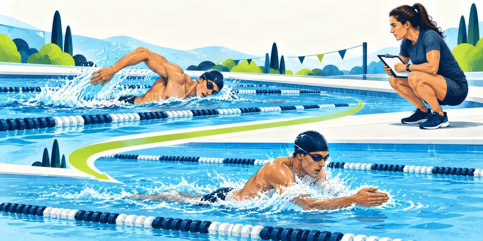 Continuous swimming sequence from front crawl to breaststroke.