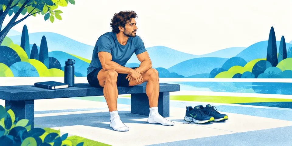 Athlete pausing training and resting beside a training journal.