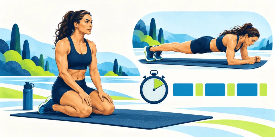 Short forearm-plank holds separated by a resting interval.