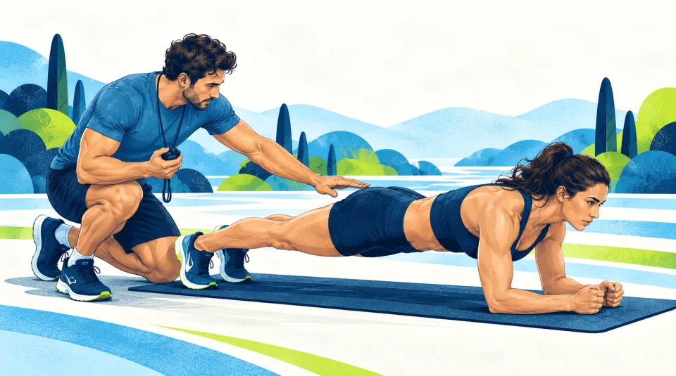 Coach timing a forearm plank and observing position quality.