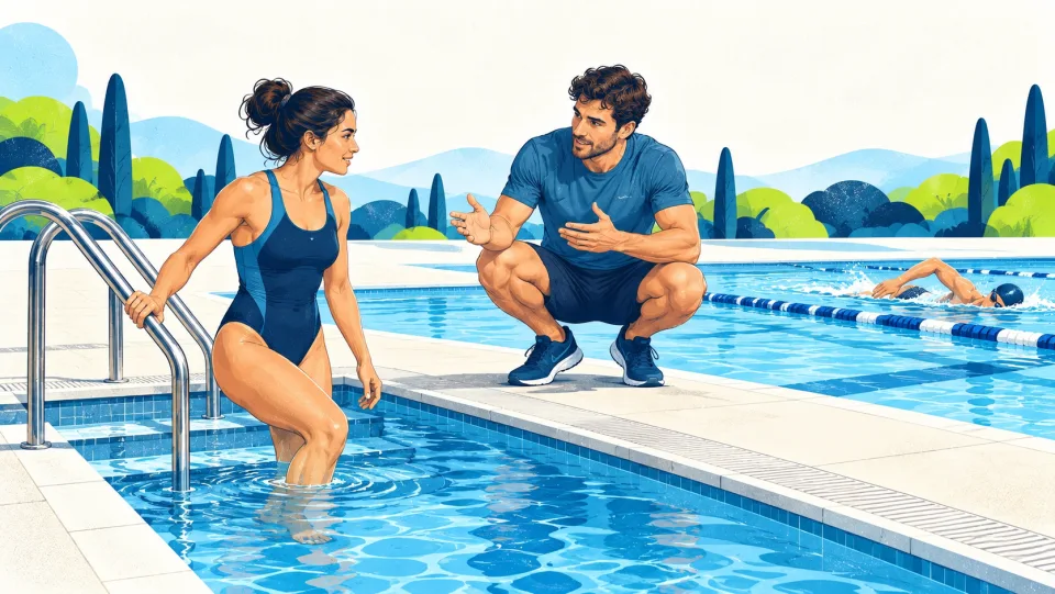 Swimmer using pool steps while an instructor explains the warm-up.
