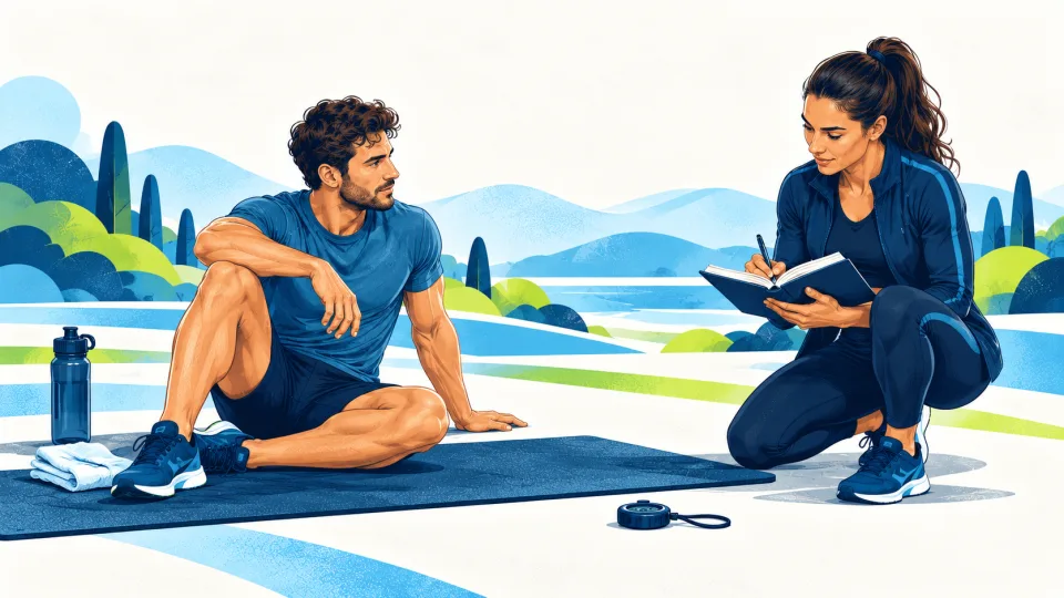 Athlete resting between push-up sets while a coach records the work.