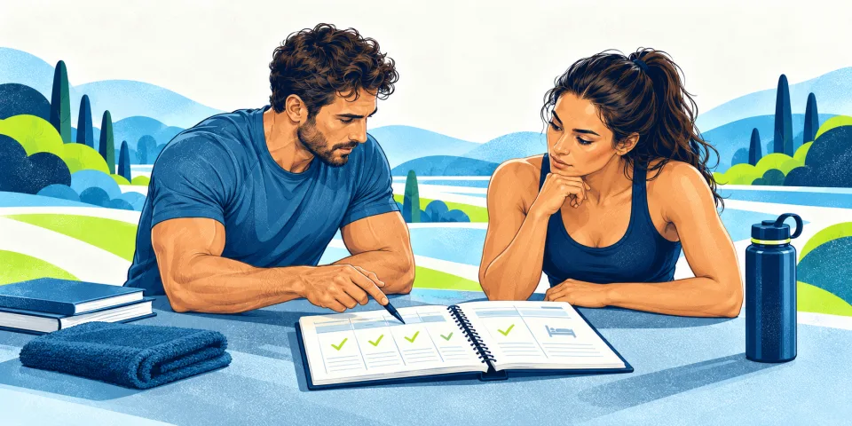 Athlete and coach reviewing completed sessions, effort and recovery.