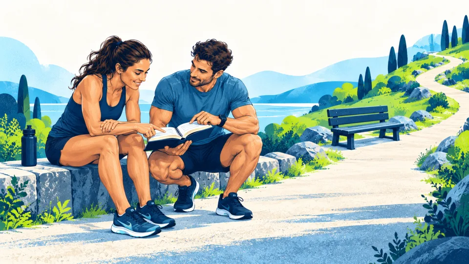 Runner and coach reviewing gradual progression and recovery days.