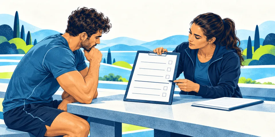 Coach and applicant reviewing land and swimming event score requirements.