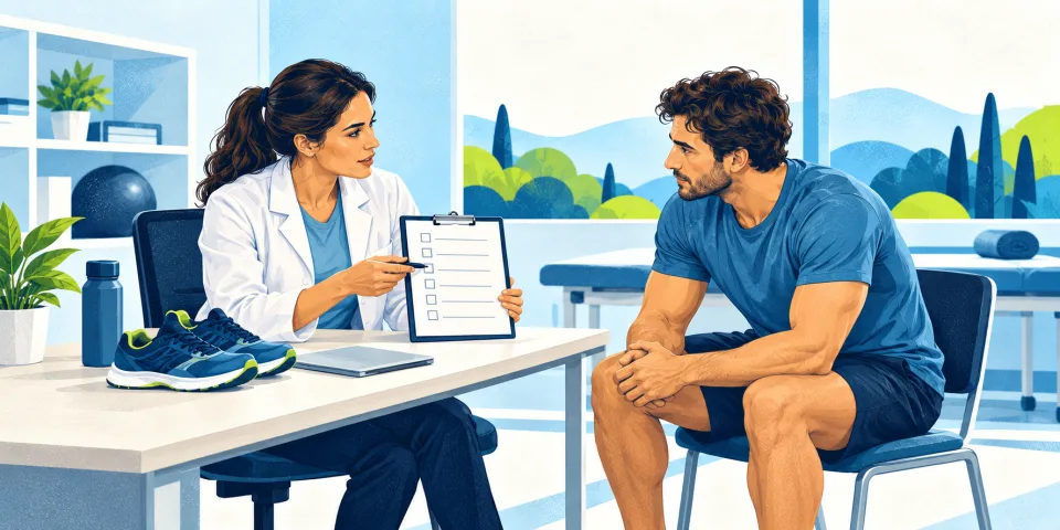 Adult discussing suitability for exercise with a clinician.