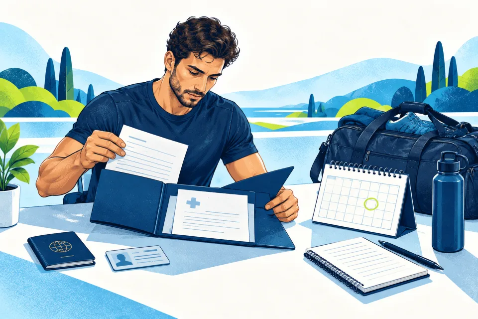 Applicant organising test documents and a medical appointment calendar.