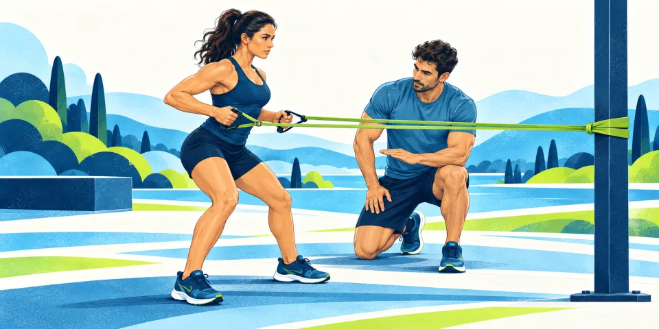 Athlete doing a controlled resistance-band row for supporting strength.