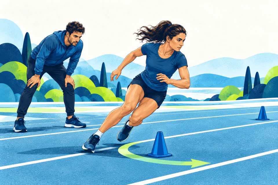 Runner practising a controlled change of direction at a shuttle line.