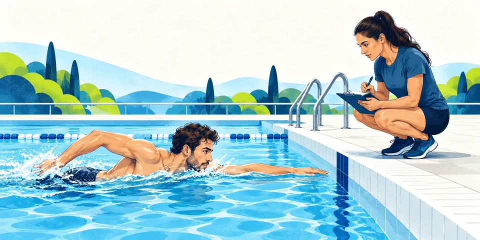 Instructor assessing an adult swimmer at the surface of a pool.