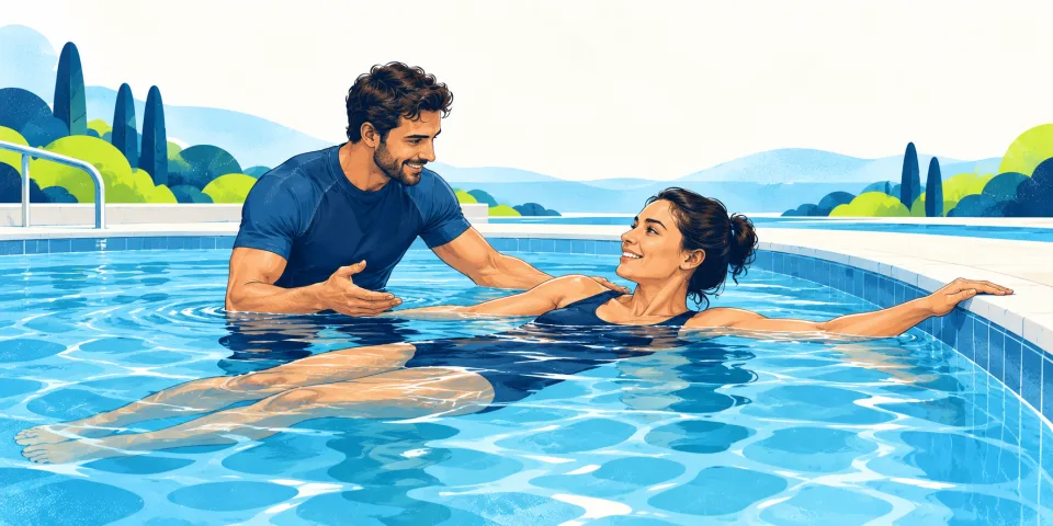 Beginner practising comfortable surface flotation with an instructor.