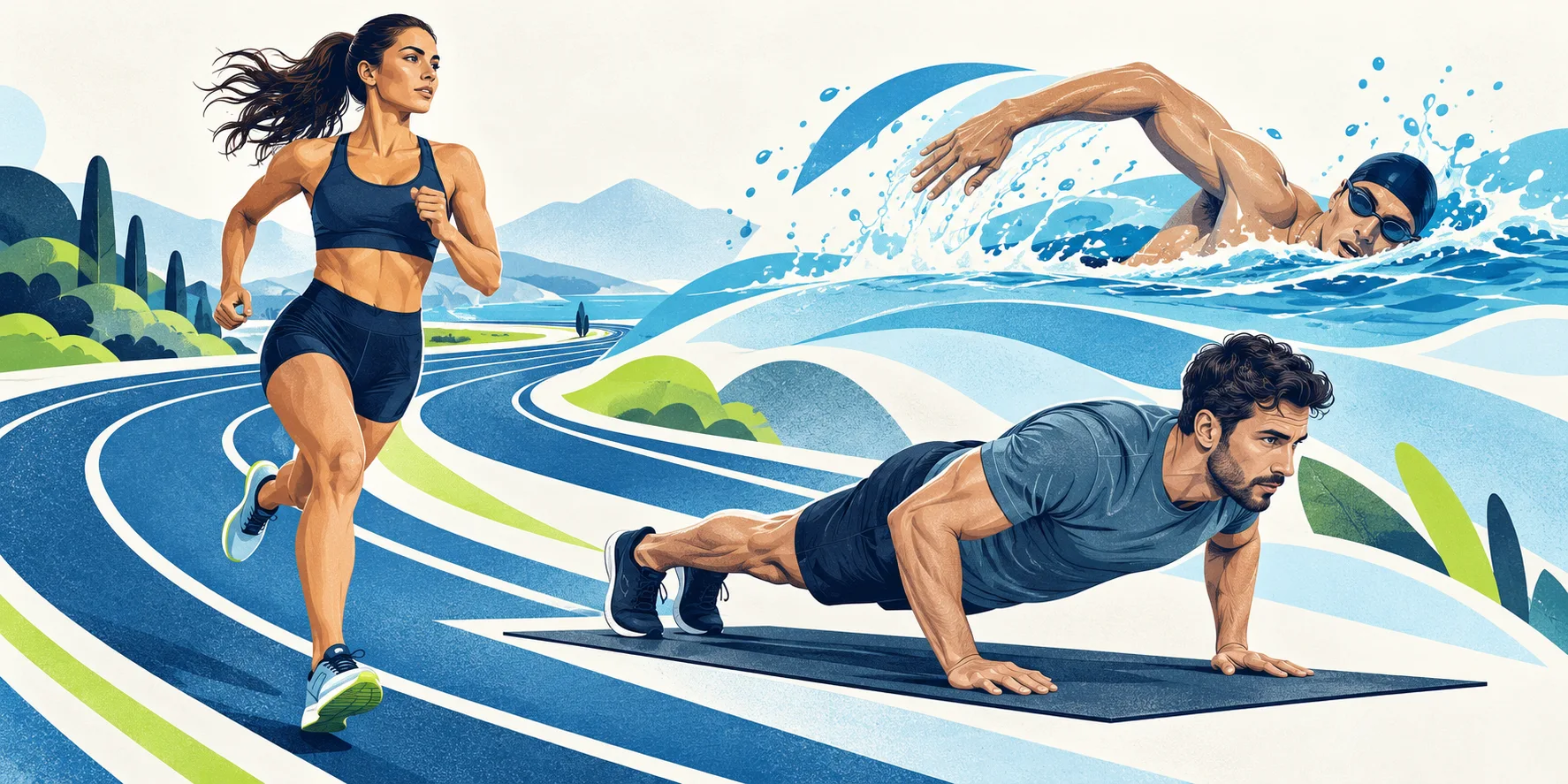 Illustration of adults training running, push-ups and surface swimming.